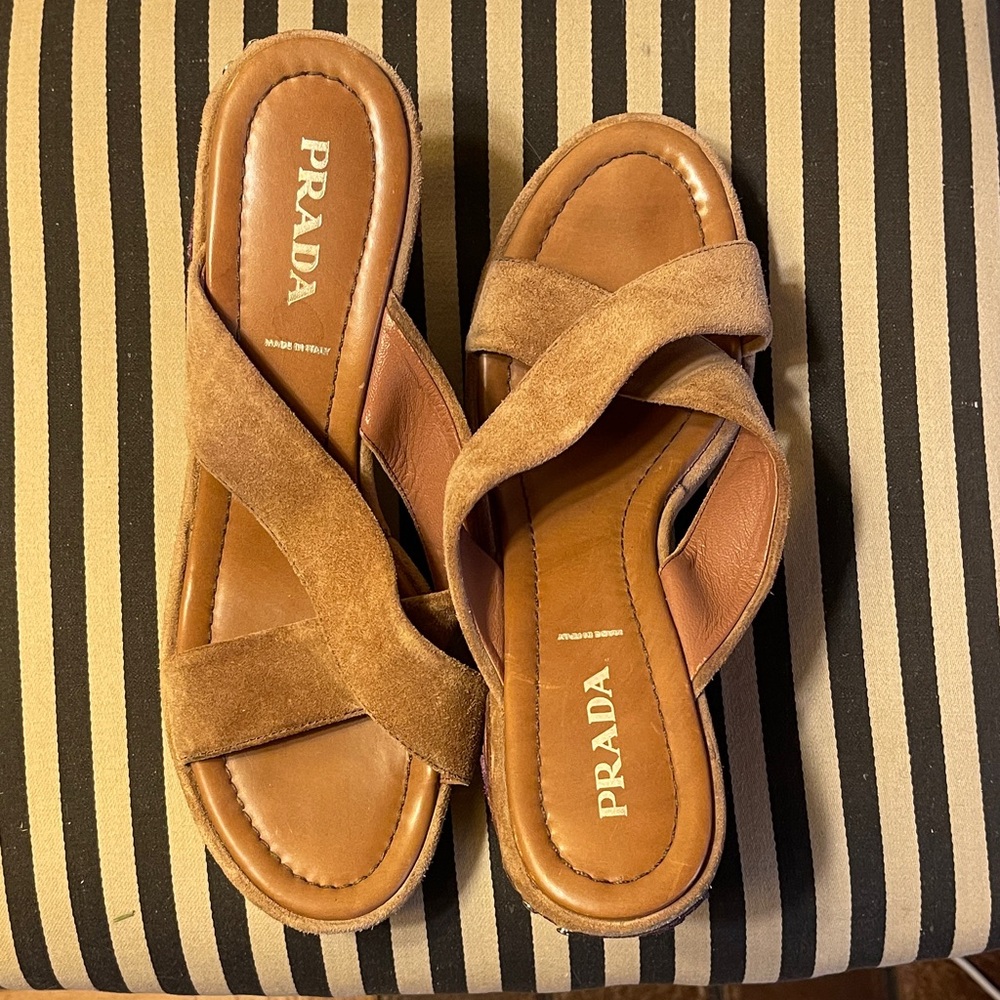Vintage Prada  Fish Tan Suede Cross-Strap Slides platform 40.4